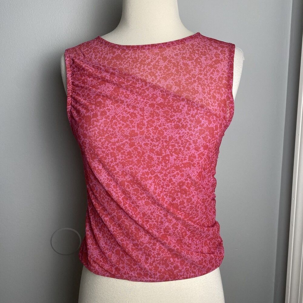 Maeve Anthropologie Pink Floral Mesh Ruched Sleeveless Top - NWT Size S